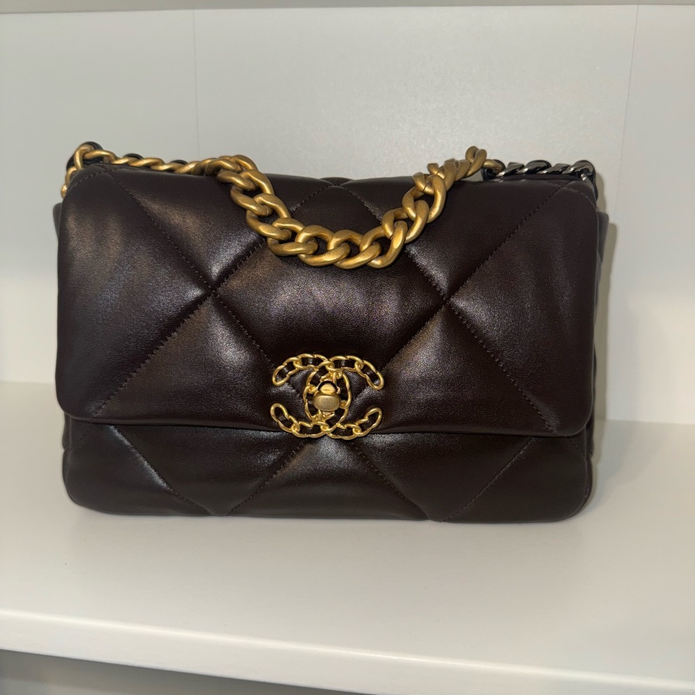SOLD❗️CHANEL 19 Dark Brown Quilted Shoulder Bag with Gold Chain